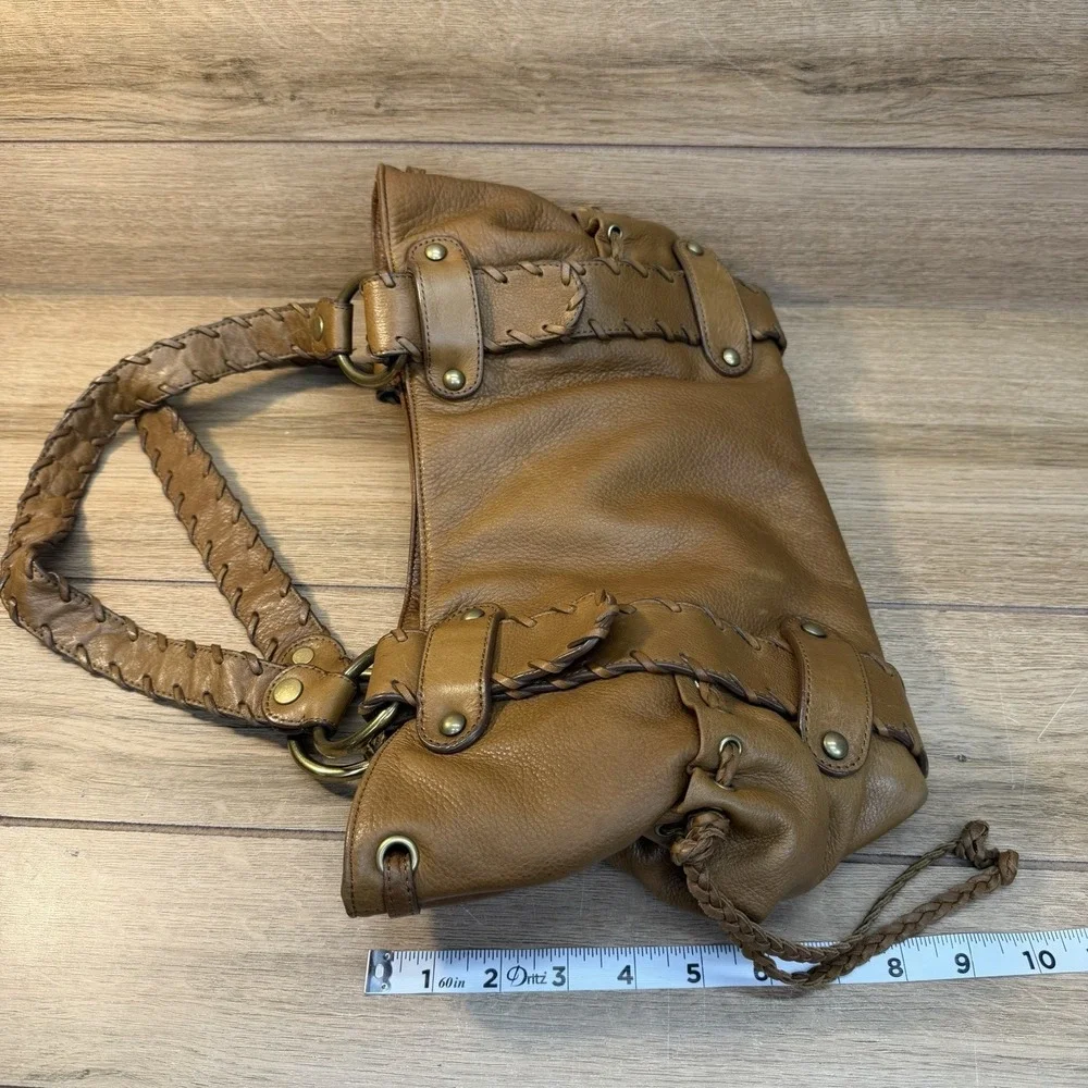 Kooba Sienna Leather Satchel Handbag Tan Whipstitch Braided Hobo Bag Vintage Y2K